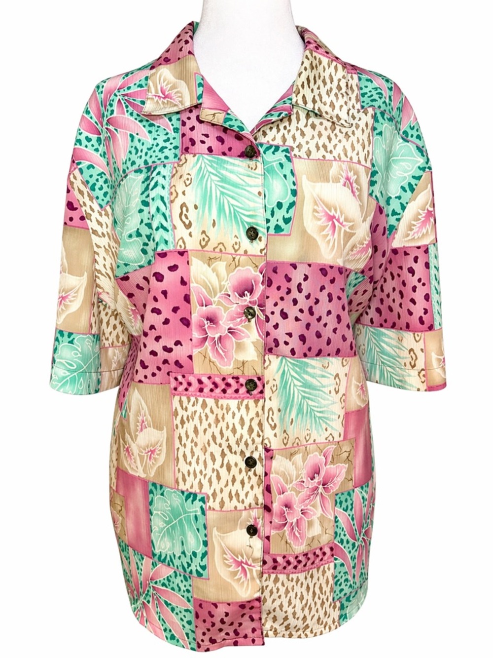 Vintage 90s Allison Daley 22W Tropical Resort Button Up Plus Size Blouse